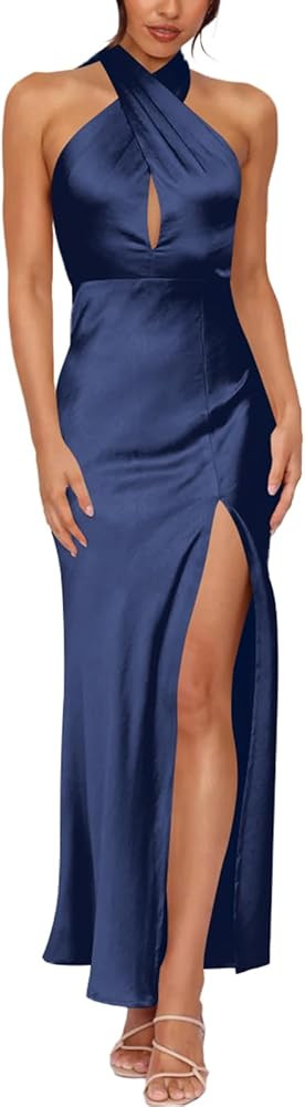 firfig Women's Halter Satin Dress Crisscross Sleeveless Midi Cocktail Party Dress Backless Split ... | Amazon (US)