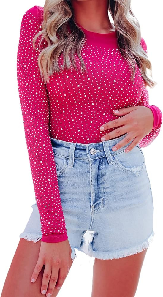 Hotmiss Seamless Long Sleeve Thong Bodysuit for Women Rhinestone Studded Fishnet Tops Thong Shirt | Amazon (US)