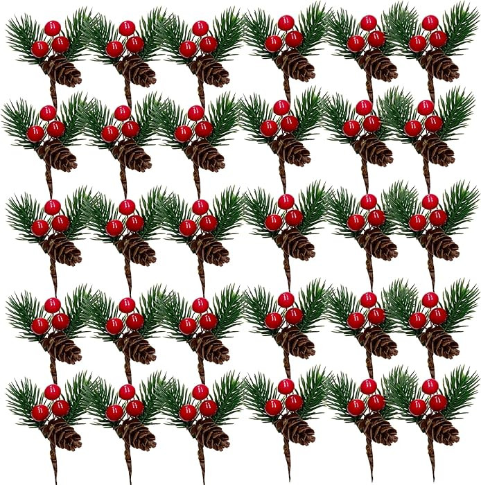 30PCS Artificial Pine Picks Christmas Simulation Pine Needle Small Berries Pinecones for Flower A... | Amazon (US)