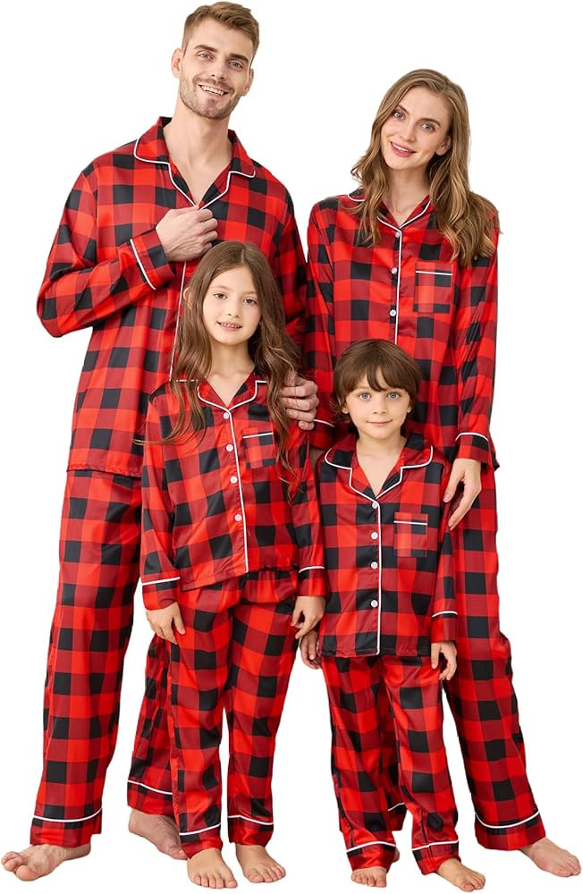 Matching Family Christmas Pajamas Set, Silk Satin Long Sleeve Button Down Comfy Loungewear for Co... | Amazon (US)