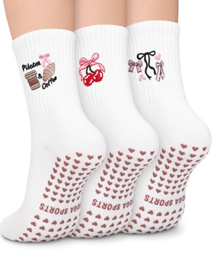 Pilates Socks for Women, Cute Non-Slip Grip Crew Socks for Yoga, Barre, Hospital, Barefoot Workout, 3 Pairs | Amazon (US)