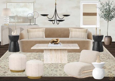 Look for less neutral living room decor. Designer look for less velvet sofa, coffee table, accent chair, Sherpa ottoman, black chandelier // studios McGee living room design makeover 

#LTKhome #LTKstyletip #LTKover40