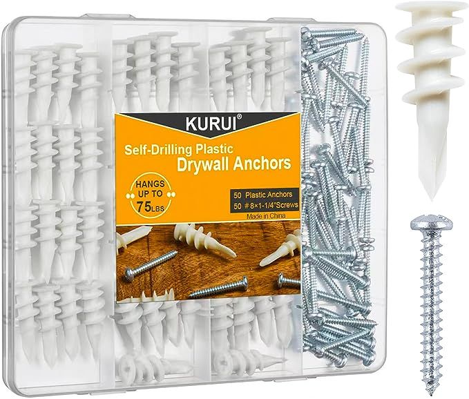 KURUI #8 Self Drilling Drywall Anchors, 100PCs Wall Anchors and Screws for Drywall, 50 Self-Tappi... | Amazon (US)