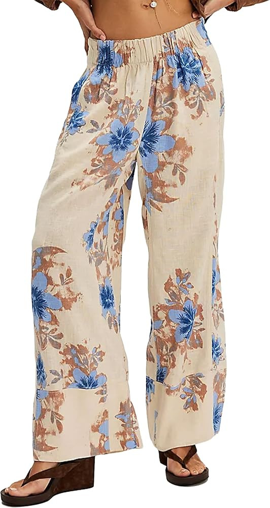 Women's Linen Wide Leg Pants Elastic Waist Summer Boho Palazzo Pants Beach Vacation Casual Trouse... | Amazon (US)