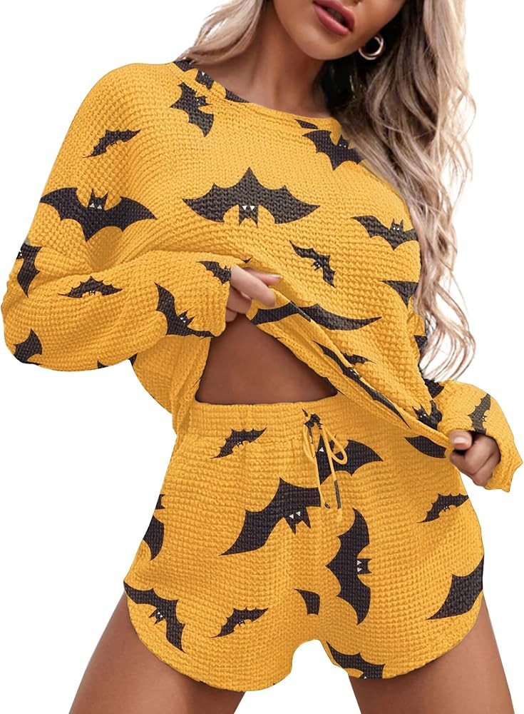 Ekouaer Womens Waffle Knit Pajama Sets Long Sleeve Top and Shorts Matching Lounge Set Loungewear Sweatsuit with Pockets | Amazon (US)
