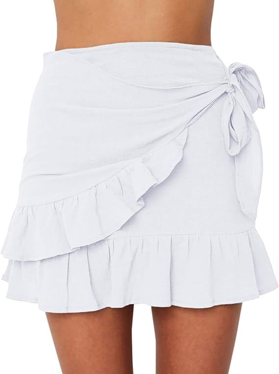 Jeanewpole1 Womens Floral Mini Skirts Wrap Pleated Ruffle Hem Cute Beach A Line Short Skirts | Amazon (US)