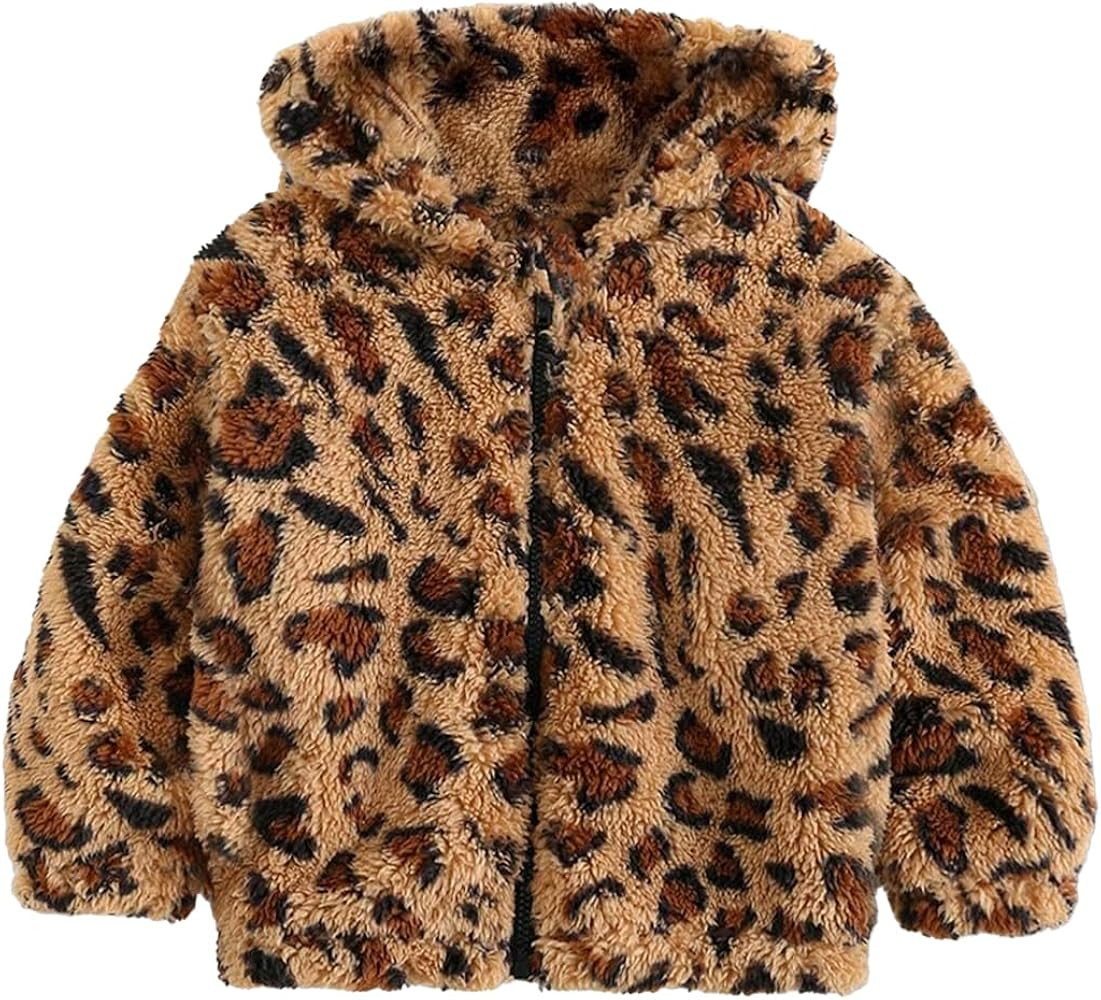 Girls' Toddler Girls' Leopard Print Fuzzy Zip - Up Hooded Jacket 4-8 Years | Amazon (US)