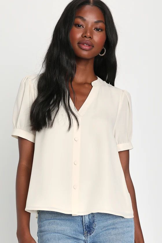 Happiest Sweetie Cream Short Sleeve Button-Up Blouse | Lulus (US)