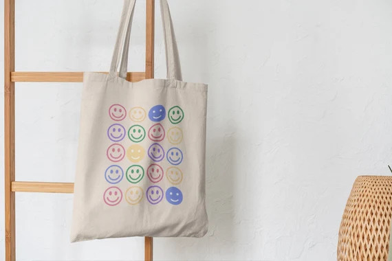 Retro Bright Smiley Face Canvas Tote Aesthetic Tote Bag | Etsy | Etsy (US)