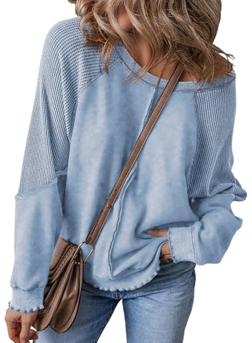 SHEWIN Sweatshirt for Women Casual Long Sleeve Knit Tops Crewneck Sweatshirts Warm Loose Spring Outfits Women Trendy 2025 Light Blue Large | Amazon (US)
