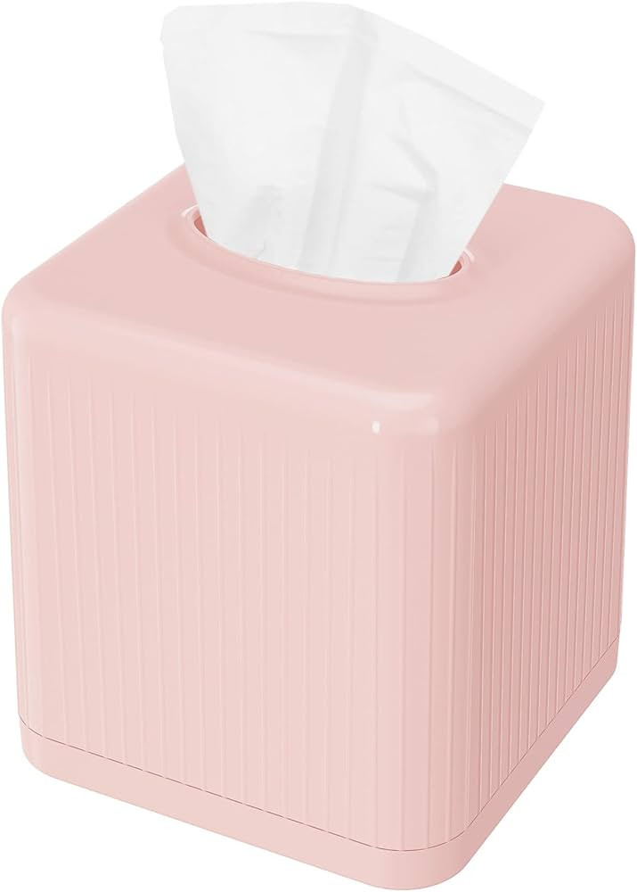 Livelab Tissue Box Cover with Base, Square Plastic Tissue Box Holder Decorative Tissue Cover Modern Cube Facial Tissue Dispenser for Bathroom Vanity Countertop, Living Room, Bedroom, Office - Pink | Amazon (US)