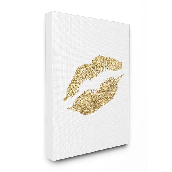 Glitter Lips Glam' White/Gold Wooden Stretched Canvas Wall Art | Bed Bath & Beyond