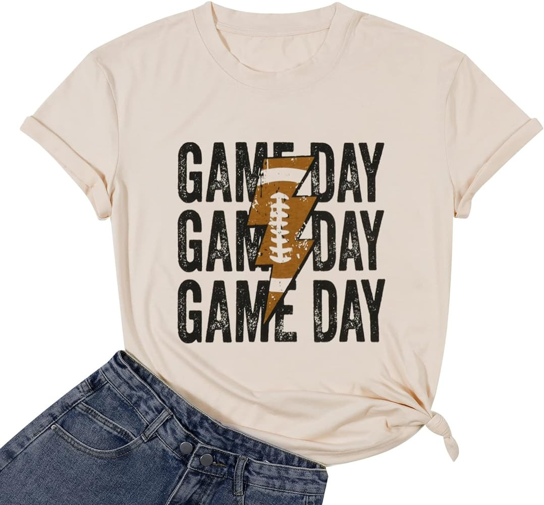 Game Day T-Shirt Woman Lightning Print Short Sleeves Top Vintage Gameday Football Shirt Squad Sport Season Tees | Amazon (US)