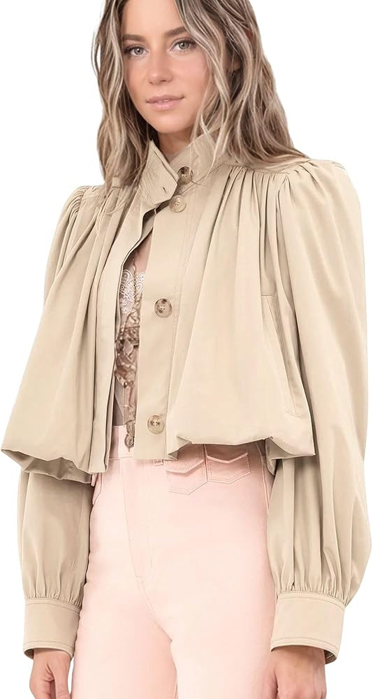 Chevara Women's Streetwear Gathered Stand Collar Cropped Jacket Button Front Long Sleeves Pockets... | Amazon (US)
