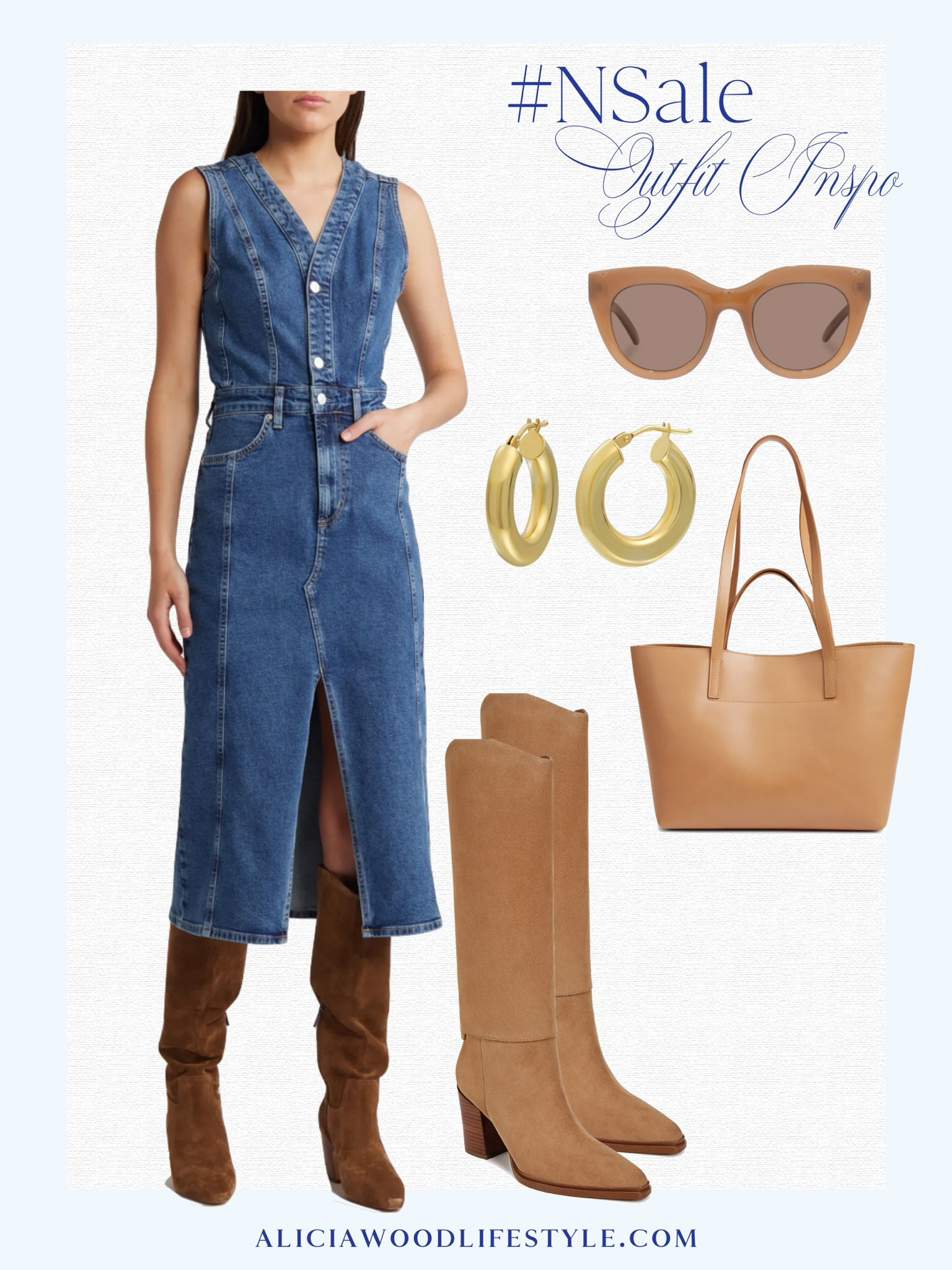 Denim midi dress v neck sleeveless 
Tall tan suede boots
Tan tote
Gold hoop earrings
Tan sunglasses
Western outfit
Versatile summer dress 

#LTKOver40 #LTKxNSale #LTKStyleTip