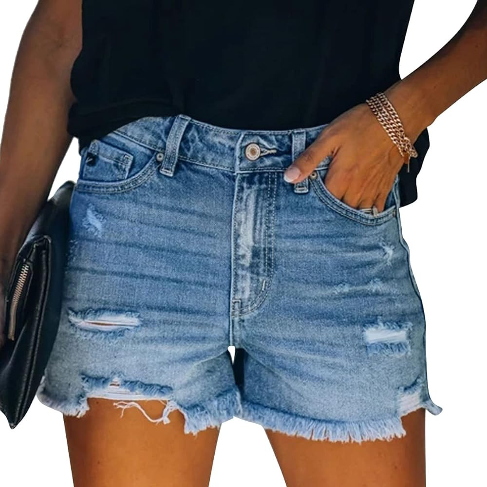 vanberfia Women's Stretchy Denim Mid Rise Jean Shorts with Pockets… | Amazon (US)