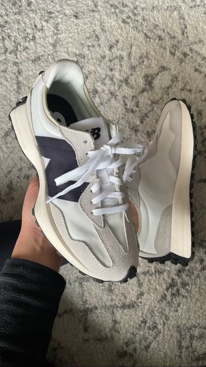 Love these New Balance 327 sneakers in white/grey/black. I took a half size down and wear mine with thin no show socks. 

#LTKshoecrush #LTKunder100