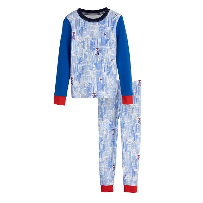 All-Over Print Cityscape Long Sleeve Pajama, Blue and White | Maisonette
