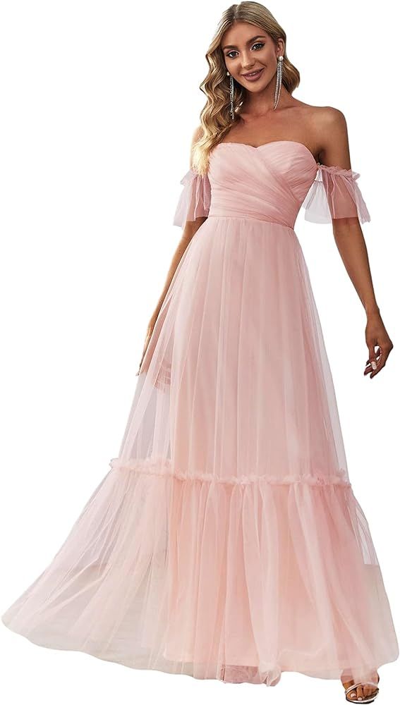 Ever-Pretty Women's Maxi Sweetheart Off-Shoulder Ruched Tulle Evening Dresses 50126-USA | Amazon (US)