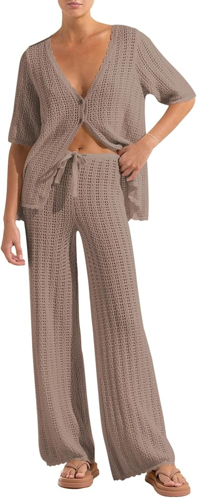 Imily Bela Women's Summer 2 Piece Swimsuit Cover up Crochet Knit Cardigan Tops Long Pants Set Bat... | Amazon (US)