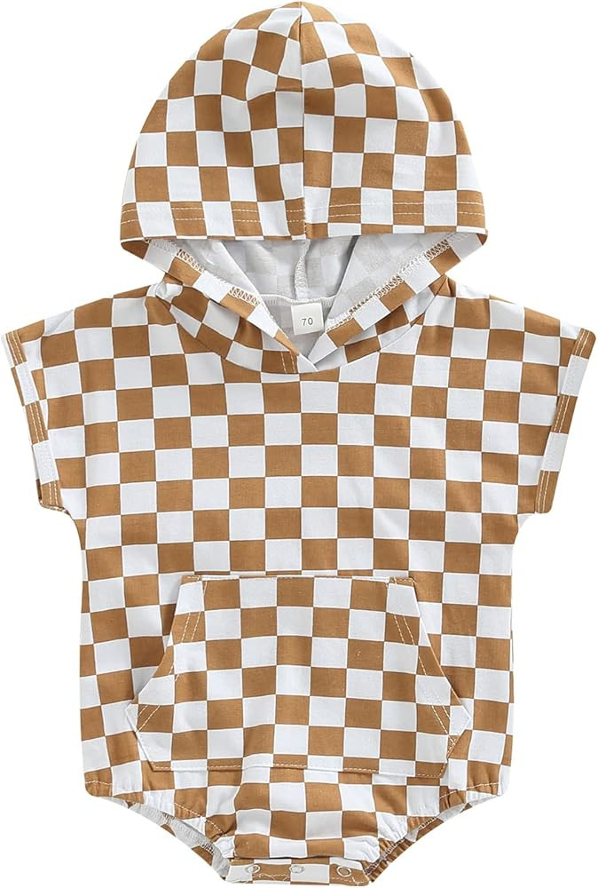 Toddler Baby Boy Checkerboard Print Romper Short/Long Sleeve Hooded Plaid Jumpsuit Bodysuit Outfi... | Amazon (US)