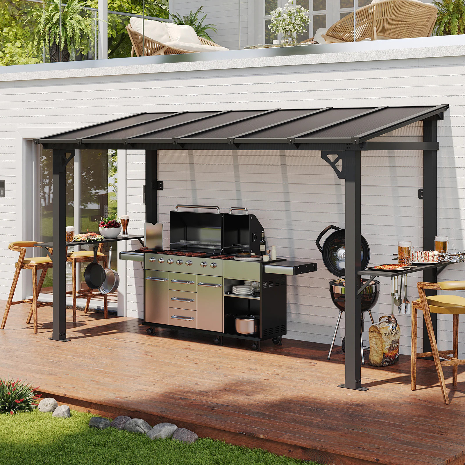 AOXUN Pergolas 6-ft W x 12-ft L x 7-ft 6-in H Black Metal Attached Pergola with Canopy Large | AX-0631205B45 | Lowe's