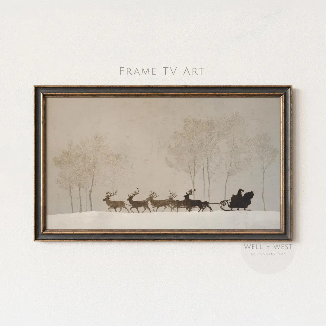 Vintage Style Santa Claus Sleigh & Reindeer TV Art: Neutral Christmas Samsung Frame TV Holiday De... | Etsy (US)
