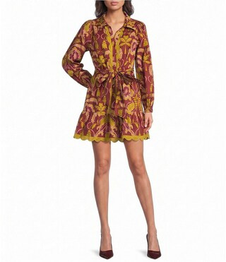 Sugarlips Petite Size Marlene Floral Collared V-Neck Long Sleeve Scalloped Hem Shirt Mini Dress -  PL | Dillard's