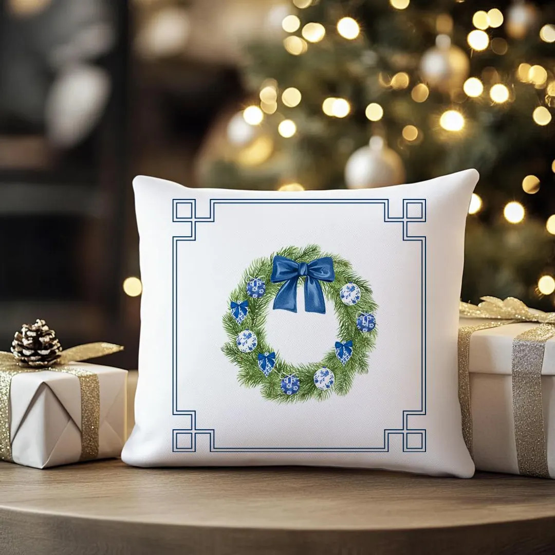 Chinoiserie Christmas Pillow Blue Christmas Wreath Holiday Throw Pillow Preppy Grandmillennial Fe... | Etsy (US)
