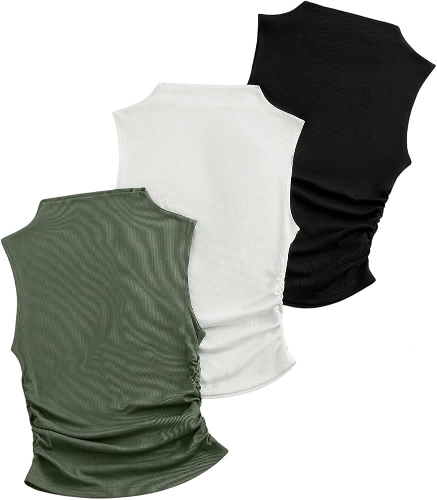 SHENHE Women's 3 Pieces Ribbed Knit Mock Neck Ruched Fitted Basic Crop Tank Top | Amazon (US)