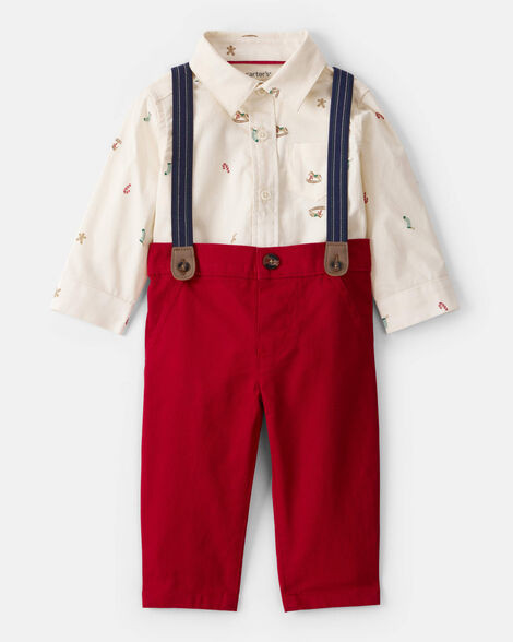 Baby Boy 3-Piece Holiday Print Cotton Long-Sleeve Shirt & Suspender Pant Set - Red/White | Carter's Inc