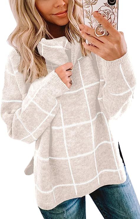 ECOWISH Women Pullover Sweater Turtleneck Plaid Long Sleeve Loose Casual Chunky Checked Knitted W... | Amazon (US)