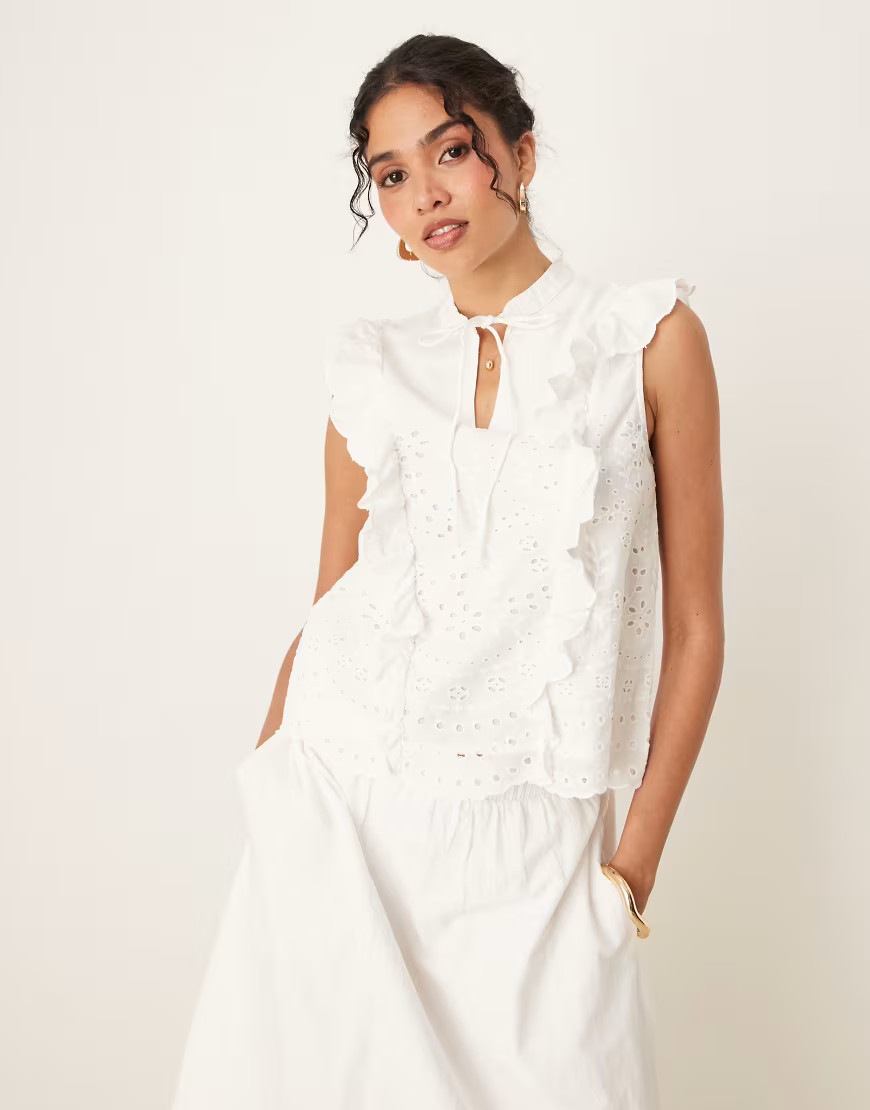 YAS broderie frill detail tie neck top co-ord in white | ASOS (Global)
