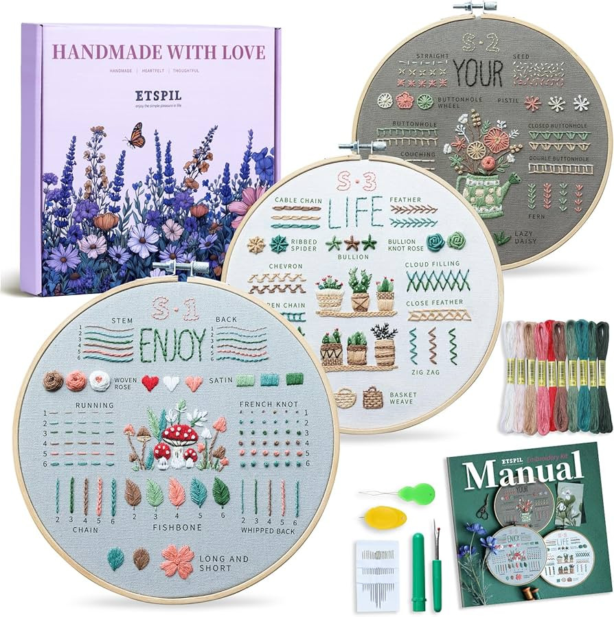 ETSPIL Embroidery Kit for Adult Beginners, 3-Pack 33-Stitch Practice Samplers, Pre-Stamped Patter... | Amazon (US)