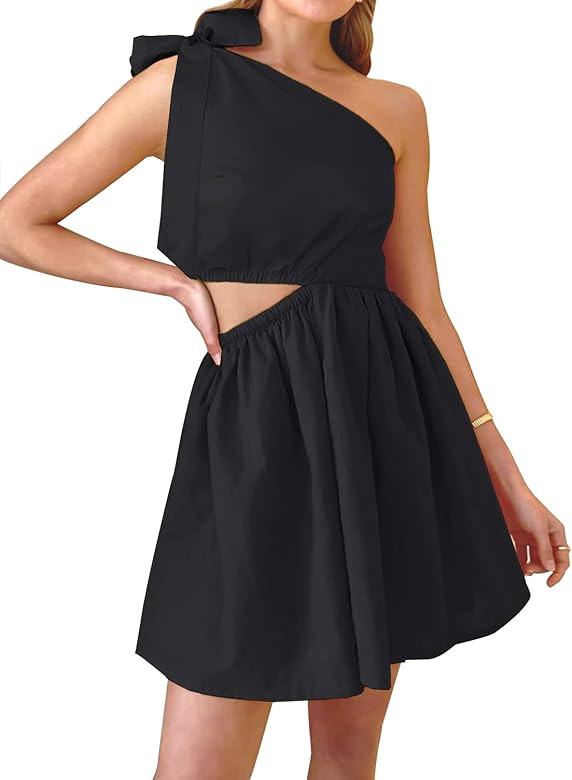 IVIR Women's Cute Summer Dresses One Shoulder Cutout Tie Knot A-Line Short Mini Dress | Amazon (US)