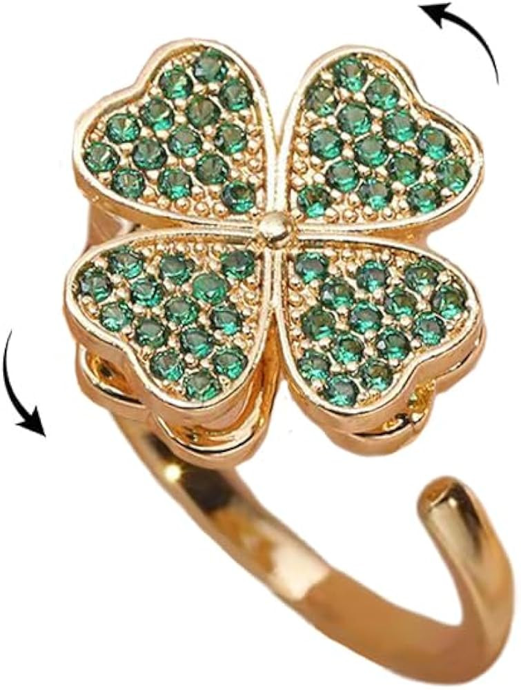 Green Cubic Zirconia Four Leaf Clover Spinner Fidget Anxiety Adjustable Ring for Women Rotate Goo... | Amazon (US)