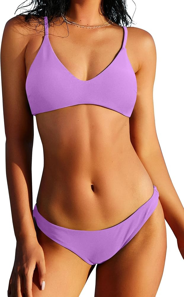 ZAFUL Women's Solid Spaghetti Strap Bralette Bikini Set Two Piece Swimsuit | Amazon (US)