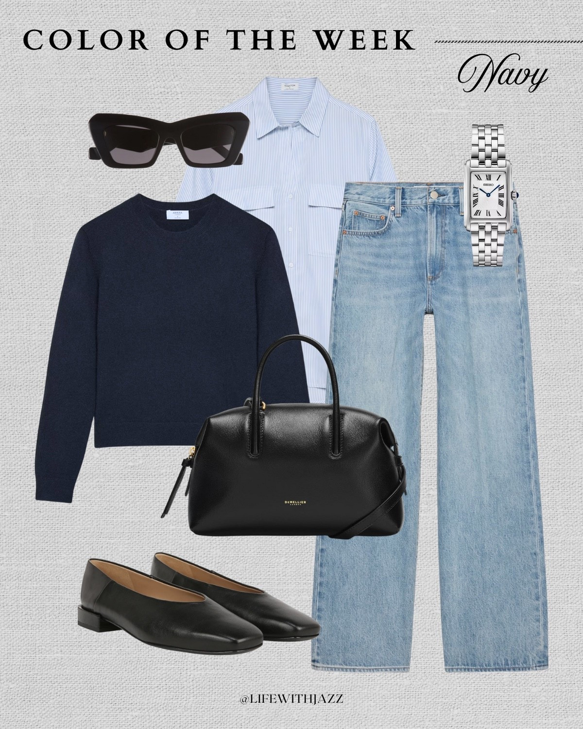 color of the week: navy 

casual winter outfit / navy cashmere sweater crewneck / button down shirt / aritzia farrah wide leg jeans / sam edelman kasey ballerina flats / loewe sunglasses / silver watch  

 

#LTKSeasonal
