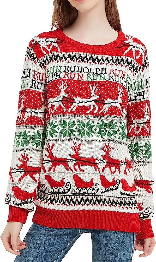 Women's Christmas Reindeer Traditional Knitted Holiday Ugly Sweater Girl Pullover Cardigan | Amazon (US)