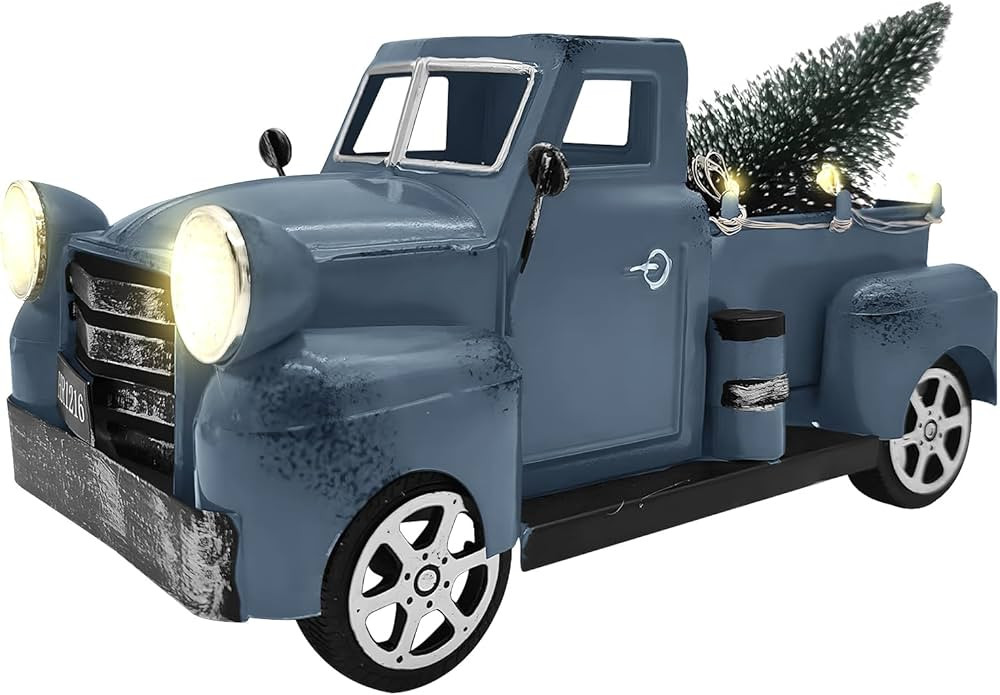 Christmas Truck Decor with Lamp,Vintage Blue Truck Gift Metal Small Cute Farm Car Decor with Hand... | Amazon (US)