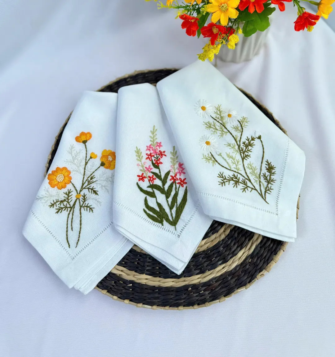 Floral Hand Embroidered Linen Napkins, Wildflower Linen Napkins, Personalized Napkin, Table Decor... | Etsy (US)