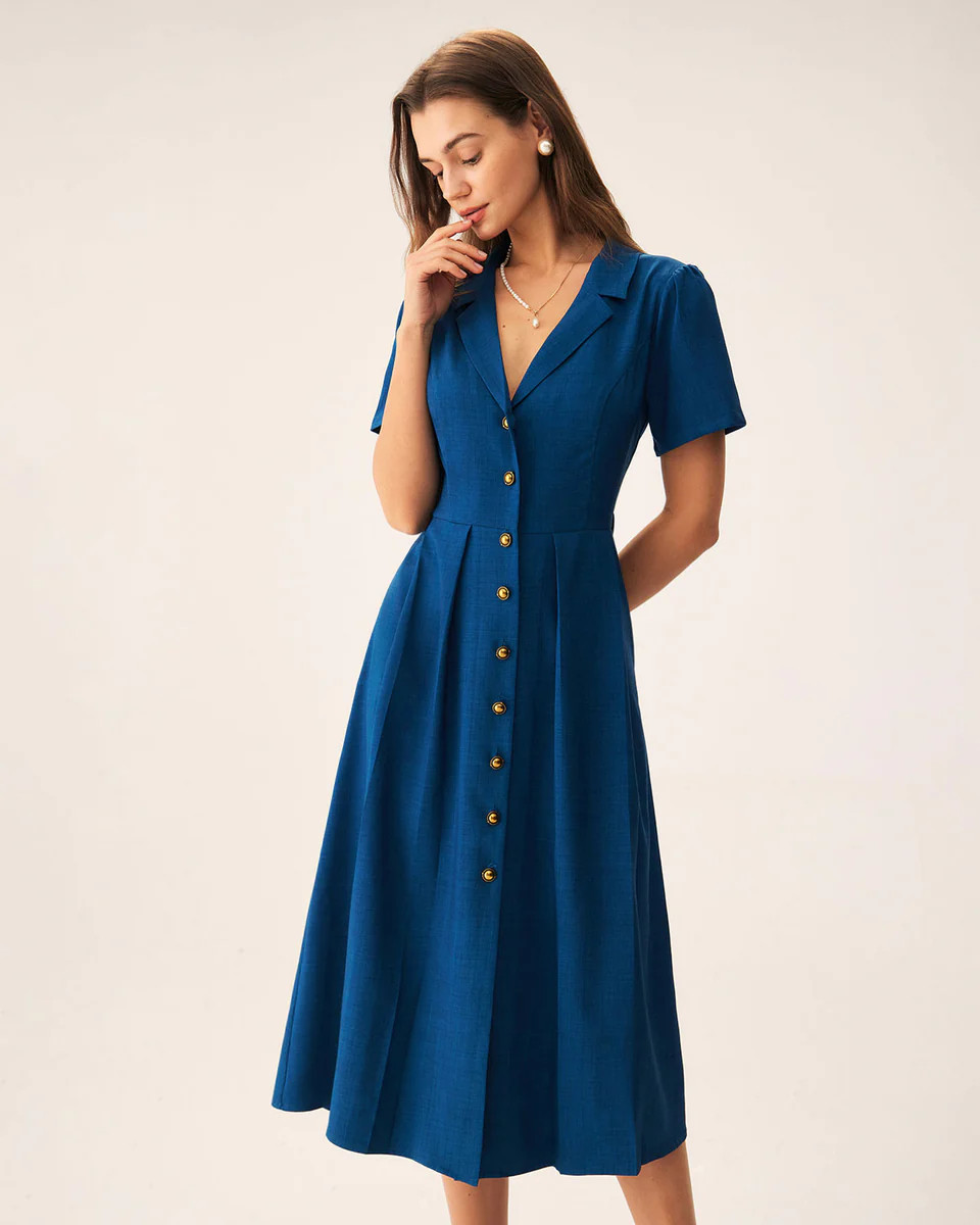 Blue V Neck Pleated Button Midi Dress | rihoas.com