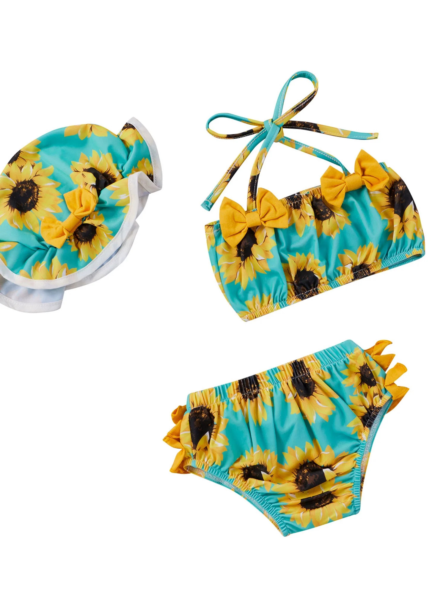 DuAnyozu Baby Girl Sunflower Print Swimsuit Bow Crop Tops Ruffle Shorts 3Pc Bikinis Set | Walmart (US)