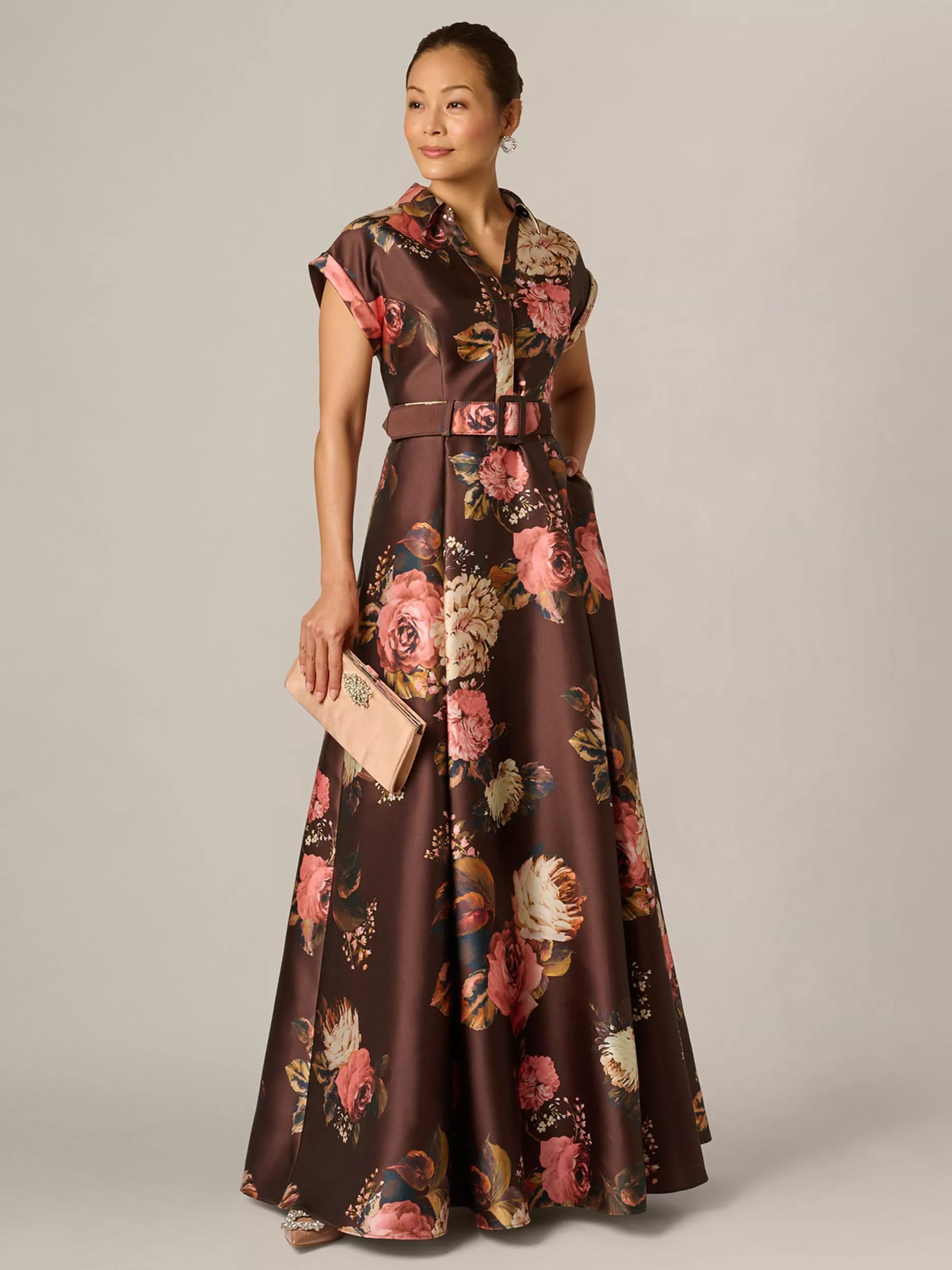 Adrianna Papell Floral Print A-Line Tailored Ballgown, Brown/Multi | John Lewis (UK)