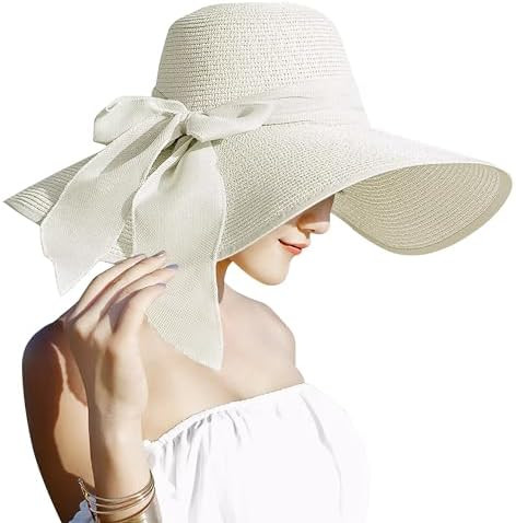 Lanzom Womens Big Bowknot Straw Hat Floppy Foldable Roll up Beach Cap Sun Hat UPF 50+ (Beige, One... | Amazon (US)