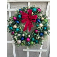 Christmas Wreath, Multicolor Wreath, Modern Wreaths For Front Door, Decor, Holiday Gifts Mom, Housew | Etsy (US)