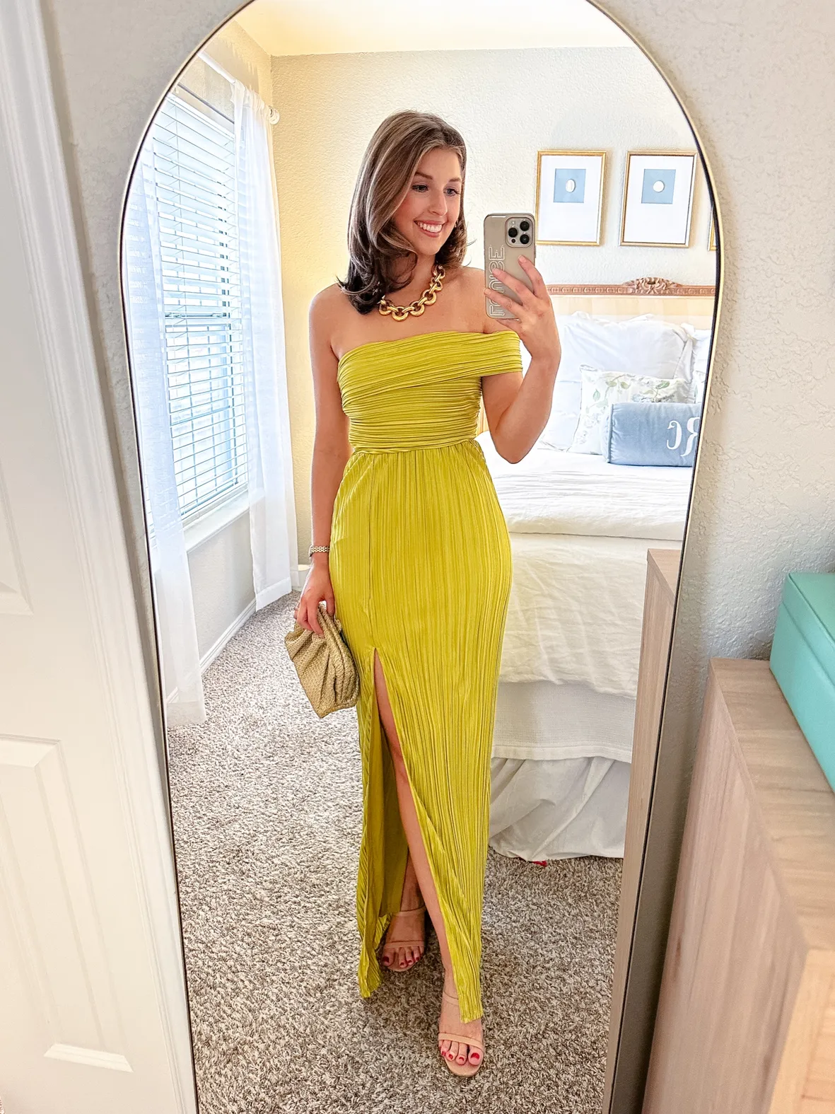 chartreuse evening dress Clarisse 810493 / 14 Achieving endless elegance is easy in a gorgeous dress like the Lulus Poised Performance Chartreuse Plisse One Reservations Please Pleated Maxi Dress