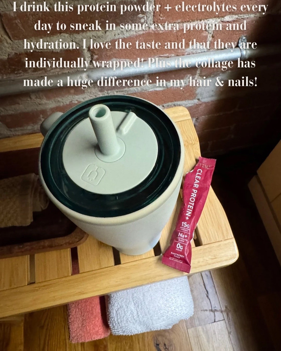This is my favorite easy way to sneak in extra protein and hydration during the day. I mix this clear protein + electrolytes and love that it tastes good and the packets are individually wrapped for on-the-go. I’ve also noticed a big difference in my hair and nails since adding the collagen. Linked here 🤍