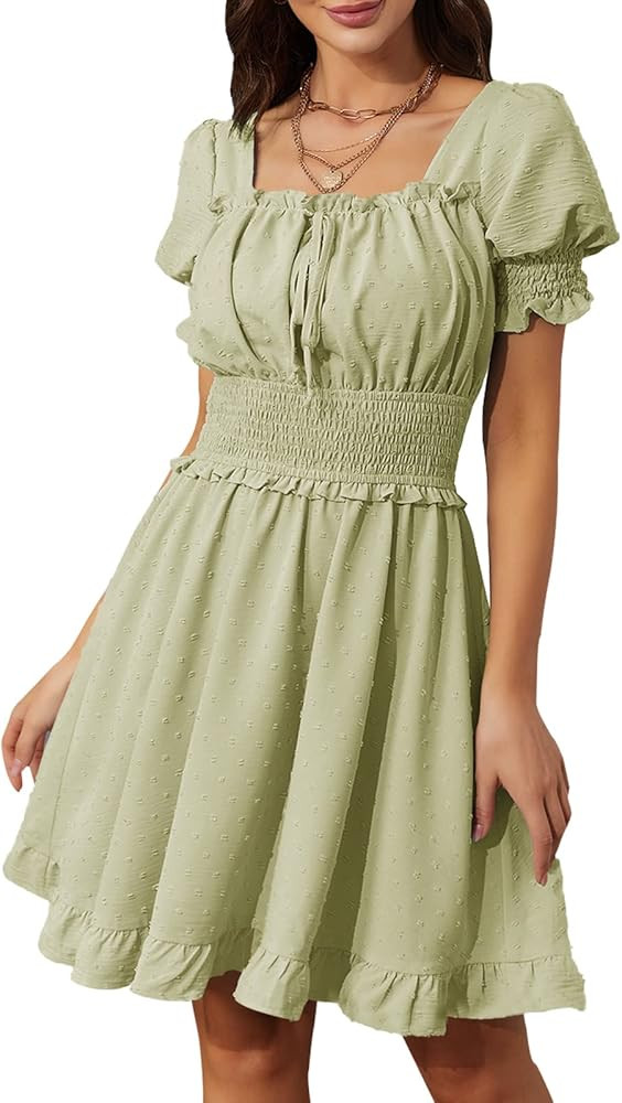 Byinns Women's Square Neck Puff Short Sleeve Ruffle Dress Smocked Waist Swiss Dot Backless Tie Back  | Amazon (US)