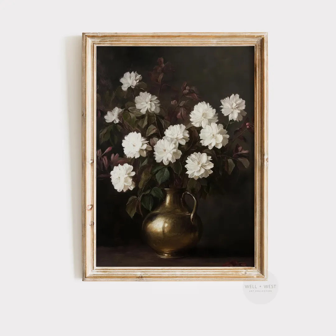 Moody Floral Print White Wildflower Oil Painting Burgundy Botanical Art Printable Dark Academia P... | Etsy (US)